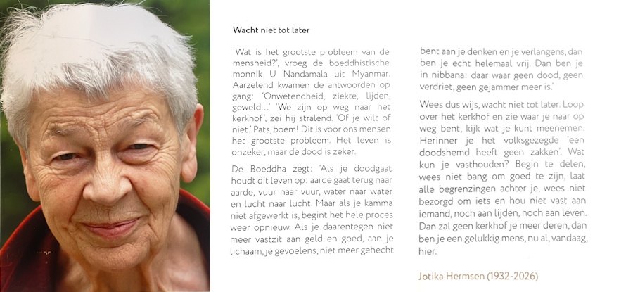 Karte anlässlich ihres Todes. Den beigefügten Text möchte Jotika ihren Mitmenschen mitgeben. Foto: Nadine Ancher